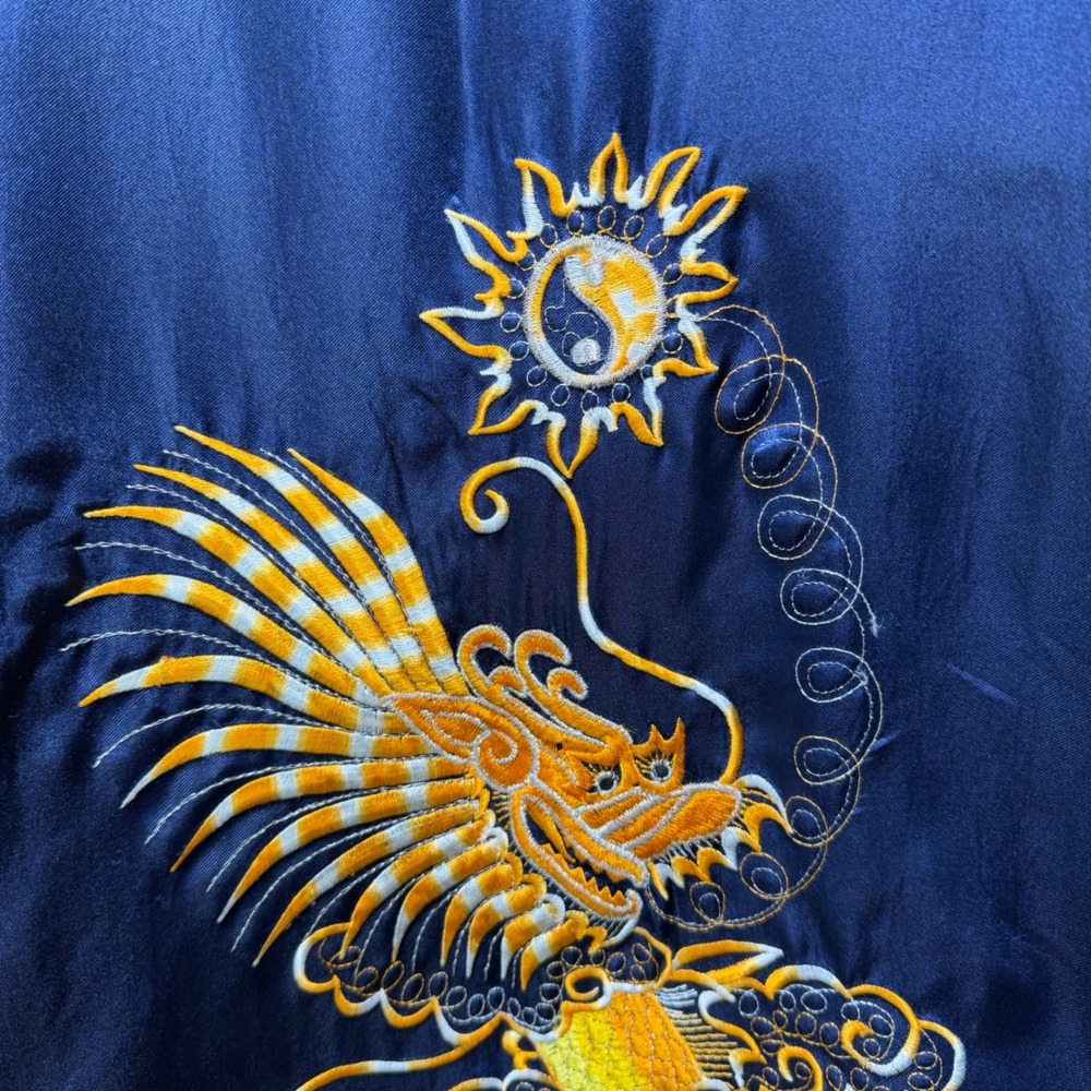Navy Blue Gold Dragon Embroidered Satin Kimono Robe Asian Motif Reversible - Picture 7 of 15